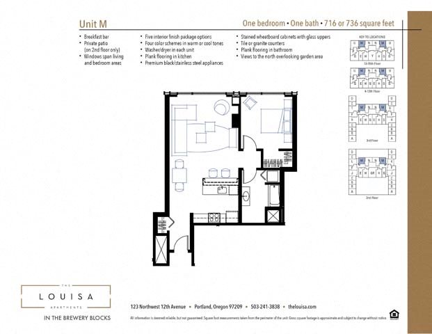 1 Bed 1 Bath (M) Floor Plan 1 Bed 1 Bath (M) Floor Plan at The Louisa Apartments in Portland, Oregon